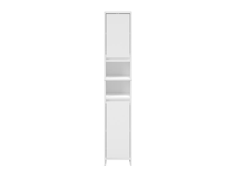Étagère de salle de bain blanche avec deux portes et trois étagères ouvertes.