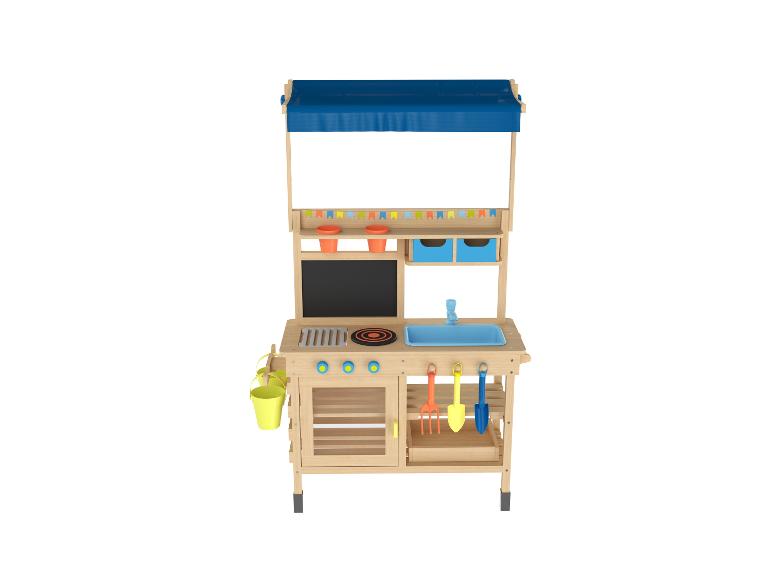 Cuisine de jeu en bois avec auvent bleu, évier, cuisinière et outils de jardinage.
