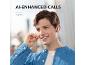 Homme en chemise en jean avec des écouteurs sans fil, texte : « AI-ENHANCED CALLS Via 2 Mics ».