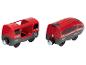 Deux trains jouets rouges, l'un avec un wagon ouvert, l'autre avec des boutons de commande.