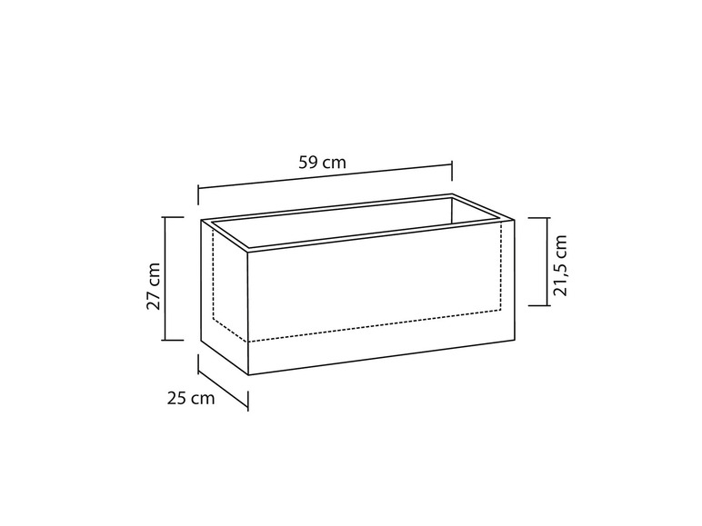 Un pot de fleurs rectangulaire avec des dimensions en centimètres.
