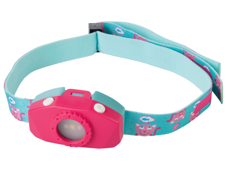 Een roze hoofdlámp met een kattenprint.
