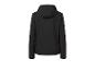 Een zwarte softshell jas met capuchon.