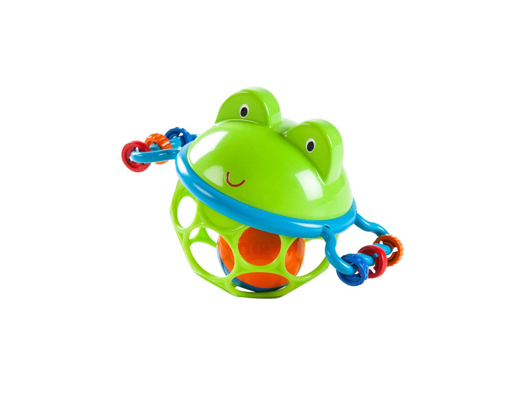 Een groene kikker-ratel met een gekleurde bal erin.