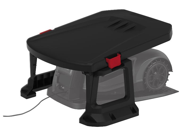 Abri de tondeuse robot avec support et cordon d'alimentation.