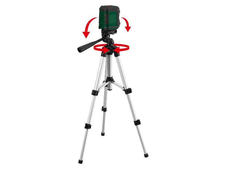 Kruislijnlaser op statief met pijlen die rotatie en kanteling aangeven.