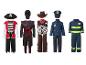 Vijf kinderkostuums: piraat, ninja, cowboy, politieagent en brandweerman.