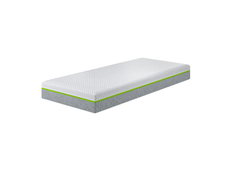 Un matelas blanc avec des côtés gris et une bordure verte.