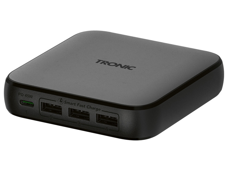 Een zwarte Tronic powerbank met 4 USB-poorten en een PD 45W-poort.
