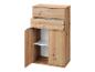 Meuble en bois avec deux tiroirs et une porte avec étagère intérieure.