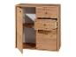 Meuble en bois marron clair avec porte ouverte, étagères et deux tiroirs partiellement ouverts.