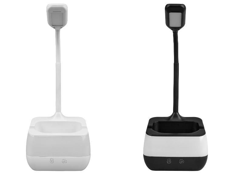 Deux lampes de bureau LED avec un porte-crayon intégré, une blanche et une noire.