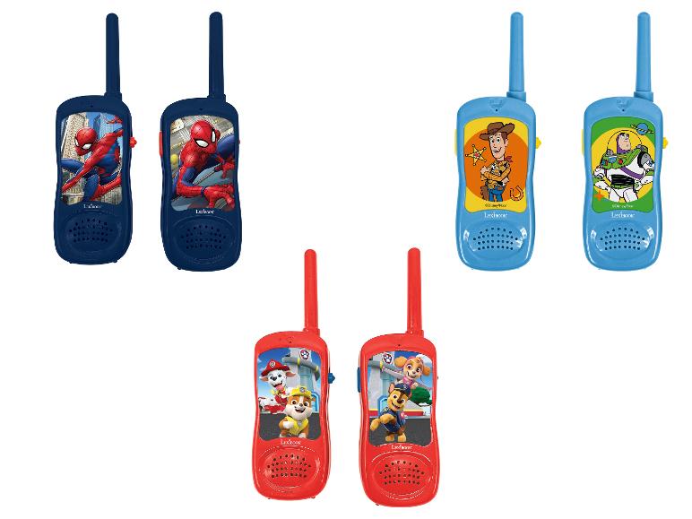 Ensemble de six talkies-walkies pour enfants avec des motifs Spiderman, Toy Story et Pat' Patrouille.