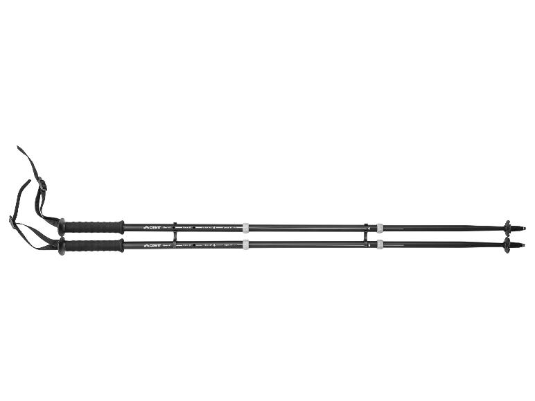 Een paar zwarte nordic walking stokken met verstelbare banden en lengtemarkeringen.
