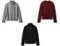 Trois pulls : un col roulé gris côtelé, un col rond rouge et un quart-zip noir.