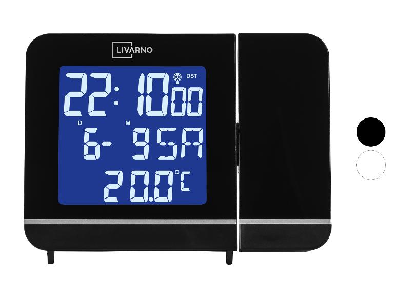LIVARNO digitale wekker met projectie, blauw display en temperatuurweergave, in zwart.