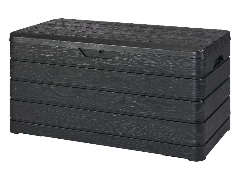 Een zwarte opbergkist met houtlook.