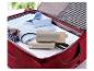 Valise rouge ouverte avec chemise bleue, lunettes de soleil, bandana et défroisseur SilverCrest.