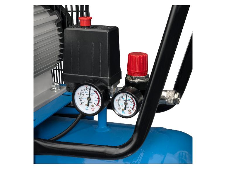 Blauwe compressor met manometers en drukregelaar.