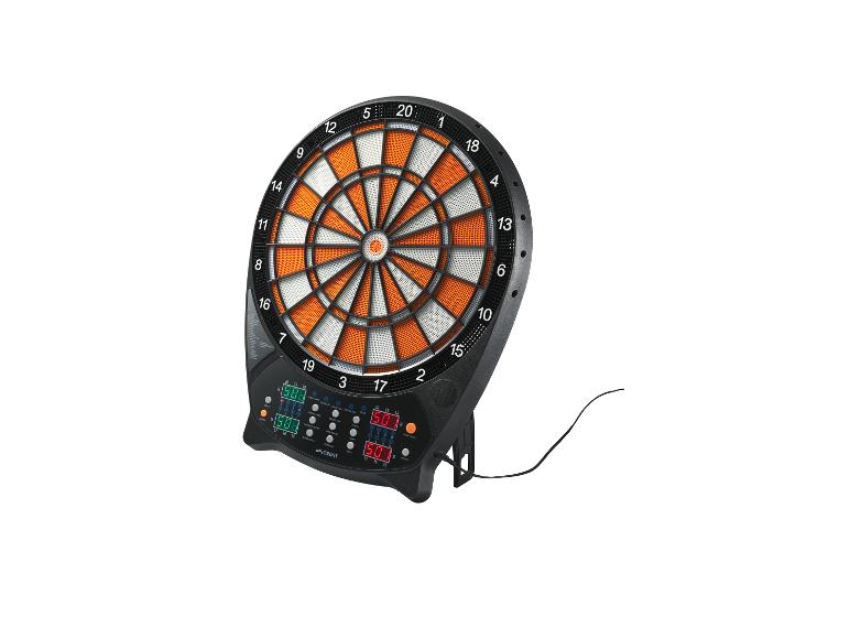 Elektronisch dartbord met oranje en witte segmenten en digitale scoreweergave.