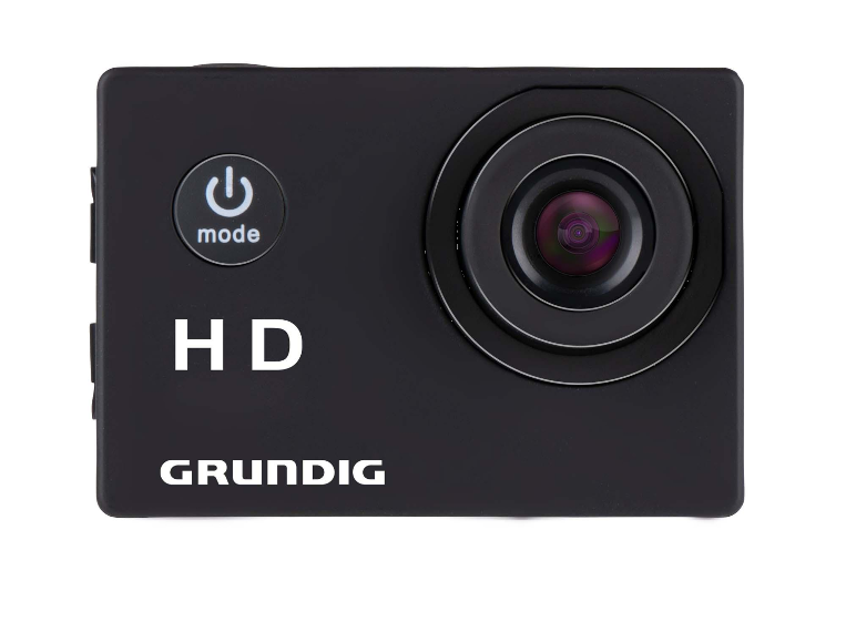Zwarte Grundig HD actioncamera.