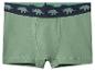 Groene jongensboxershort met een donkerblauwe tailleband met dinosauruspatroon.