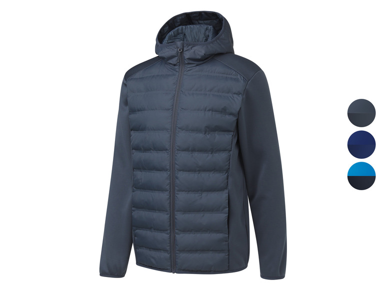 Une veste d'hiver bleu foncé à capuche.