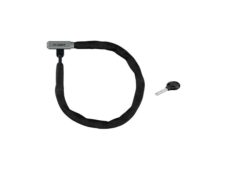 Un cadenas de vélo Crivit noir avec une clé.