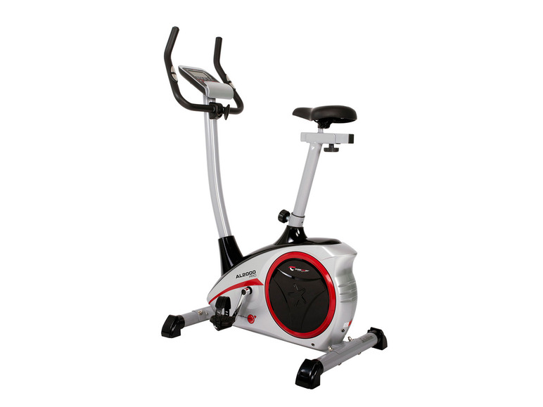 Un vélo d'appartement Alecoo gris et rouge.