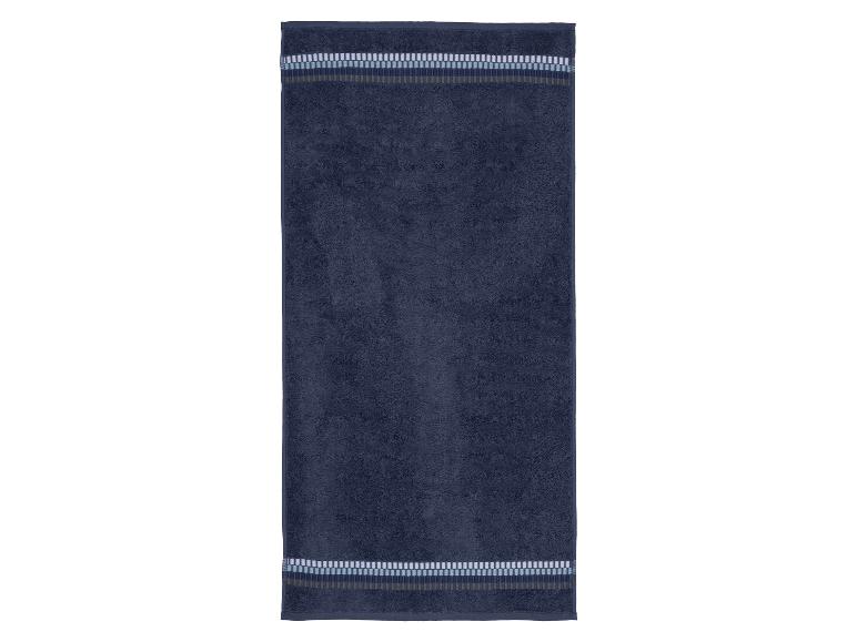 Serviette de bain bleu foncé avec bordures rayées décoratives