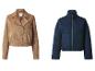 Deux vestes en daim : une veste de motard marron et une veste bleu foncé zippée.
