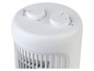 Een wit ventilator met knoppen voor de snelheid en de timer.