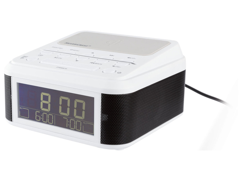 Een witte radiowekker met een groot digitaal display en een zwarte luidspreker.