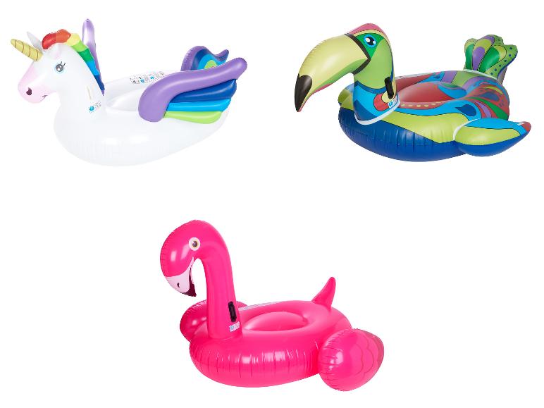 Opblaasbare zwemfiguren: eenhoorn, toekan en flamingo.