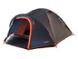 Een donkerblauwe Tambu tent met oranje details.