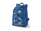 Een blauwe rugzak met camouflageprint.