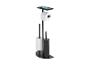 Zwarte metalen toiletrolhouder met reserve rol en toiletborstel.