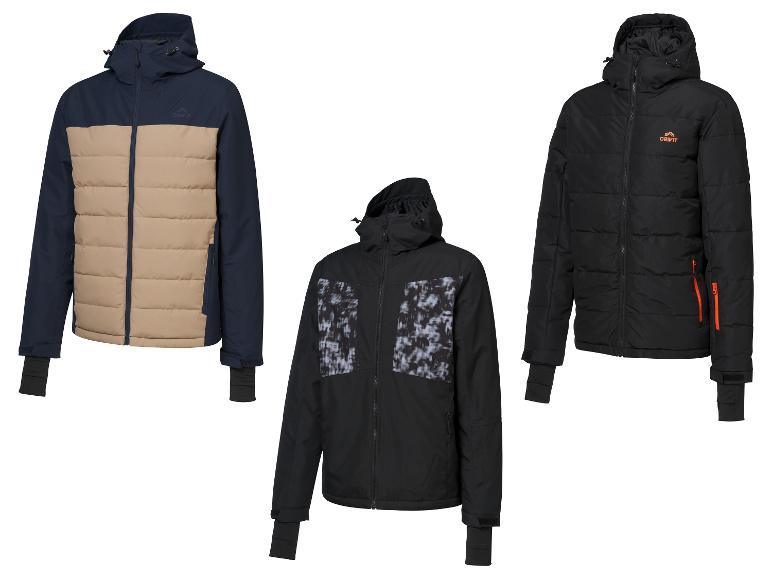 Trois vestes d'hiver pour hommes : une bleu marine et beige, une noire avec un motif sur la poitrine et une noire unie.