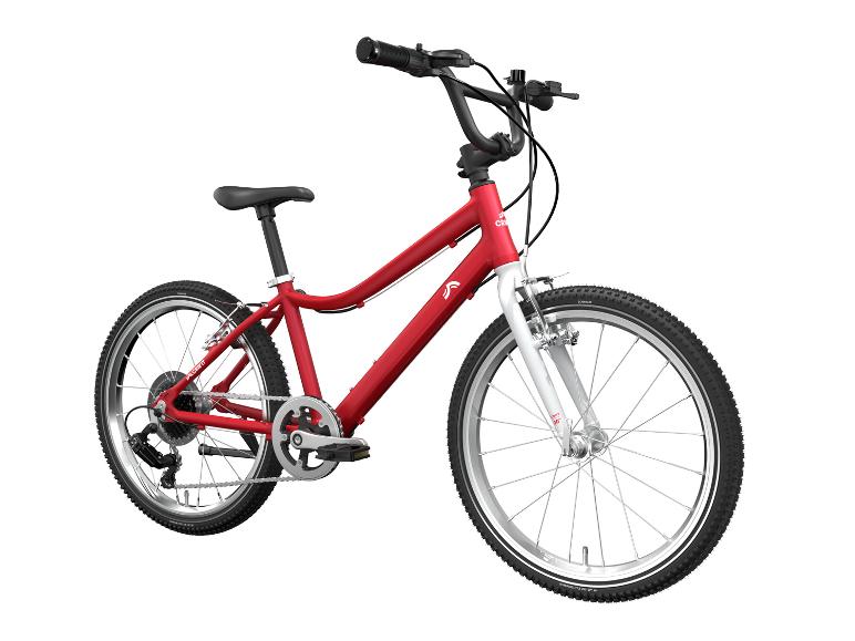 Rode kinderfiets met zwarte banden en zilveren velgen.