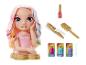 Tête de poupée Rainbow High avec cheveux colorés, fer à lisser, brosse et flacons de teinture.