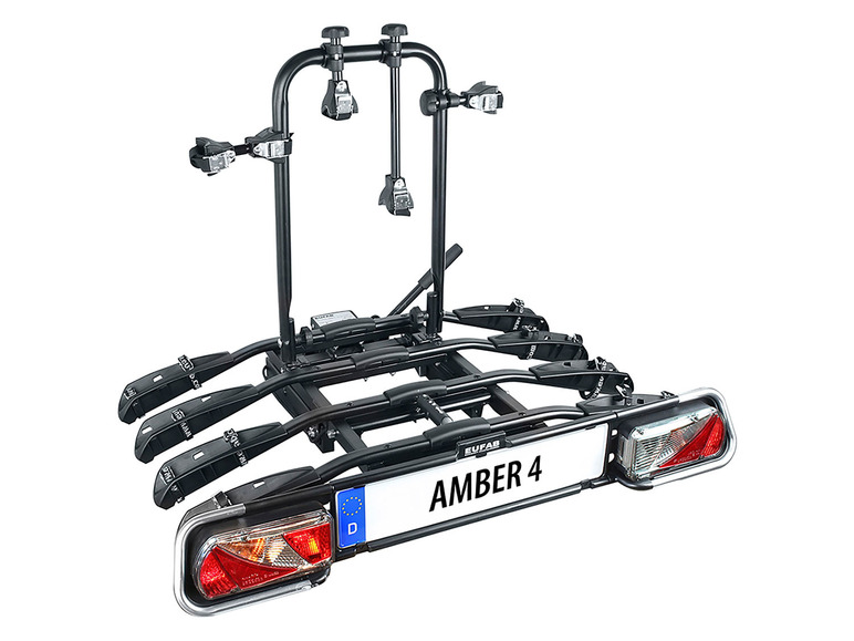 Een zwarte fietsendrager voor vier fietsen, merk Eufa Amber 4.