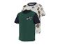 Kinder-T-shirts: één groen met nummer 98 en één wit met voetbal- en berenprint.