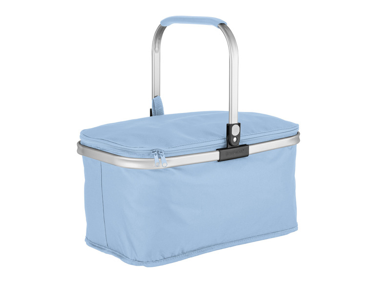 Een blauwe Topmove picknickmand met een metalen handvat.