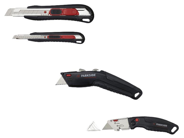 Ensemble de cutters avec lames rétractables et interchangeables, avec poignées noires et accents rouges.