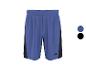 Blauwe sportshorts met zwarte zijpanden en een elastische tailleband.
