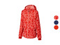 Een rode softshell jas met bloemenprint