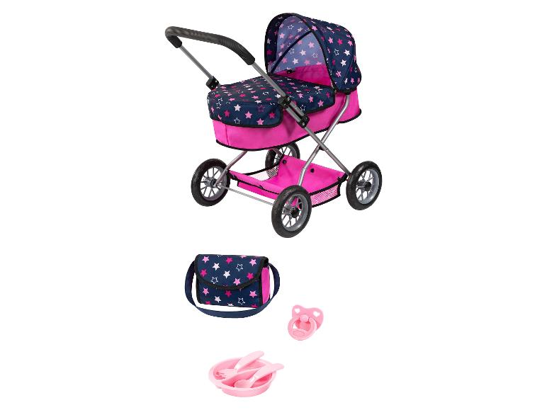 Roze en blauwe poppenwagen met sterrenprint, bijpassende tas, speen en voedingsset.