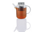 Een glazen theepot met een ingebouwde thee-ezel.