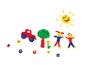 Image en pâte à modeler d'un soleil, d'une voiture, d'un arbre, de fleurs et de deux enfants.