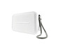 Een witte draagbare Bluetooth-luidspreker met een grijze draagriem.
